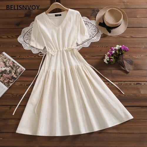 Mori Girl Summer Solid V-neck Dresses For Women New Puff Sleeve Vintage Drawstring Dress Vestido De Mujer Female Sundress