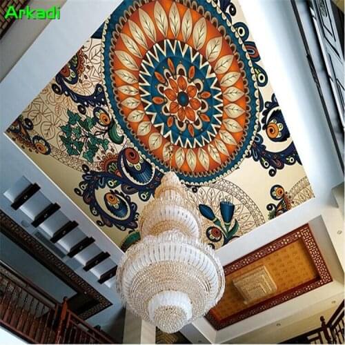 Southeast Asia Ceiling wallpaper Abstract Geometric Ceiling Background Wallpaper Retro Ethnic Wind Design Ceiling Circular Mural