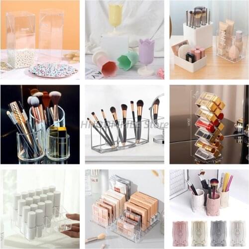 Makeup Brush Holder Transparent Acrylic Organizer With Dustproof Cover And Pearl NEW