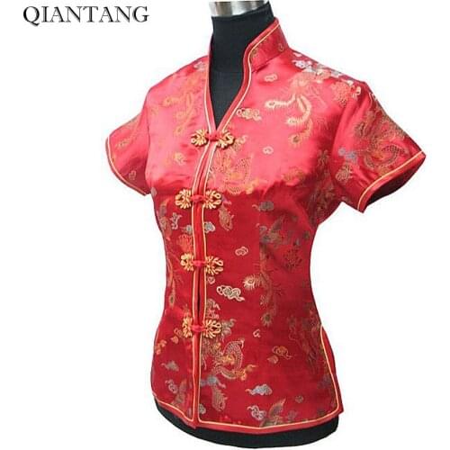 Red Summer Womens V-Neck Shirt Tops Chinese style Lady Satin Blouse Handmade Button Mujer Camisa Size S M L XL XXL XXXL 101