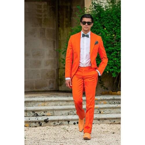 Sunshine Energetic Orange Tailcoat Peaked Lapel Groom Tuxedos Slim Fit Mens Wedding Dress Holiday Prom Clothing(Jacket+pants+ti