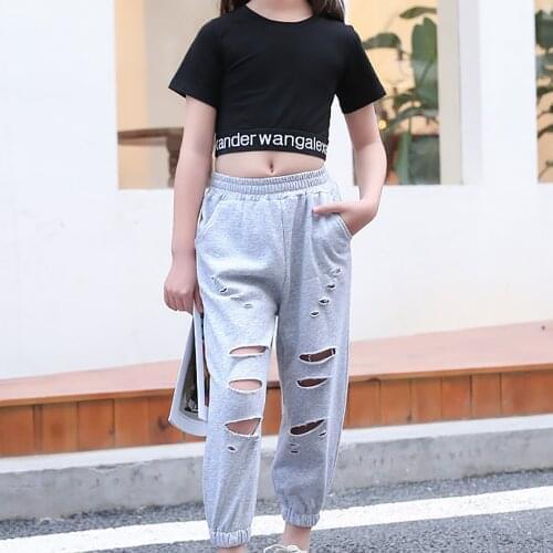 Girls Hip Hop Dance Outfits Summer Kids Sports Suit Short Sleeves Crop Top + Ripped Pants Children Street Jazz Dance Clothing