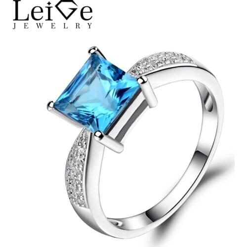 Leige Jewelry Swiss Blue Topaz Rings for Women Princess Cut Blue Gemstone Wedding Engagement Ring Sterling Silver 925 Jewelry