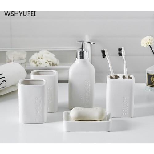 WSHYUFEI 5 pcs/set Pure white Ceramics Bathroom Set Lotion bottle Couple cup Toothbrush Holder fashion Household wash set