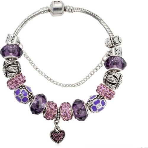 YILIANFEI Heart Pendant Purple Crystal/Glass Beads Fashion Elegant Charm Bracelets & Bangles For Women Gift BT0049