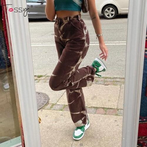Tossy Women Casual Straight Jeans 2021 New Tie-Dye Loose Denim Pants High Waist Wide Leg Trousers Streetwear Harajuku Aesthetic