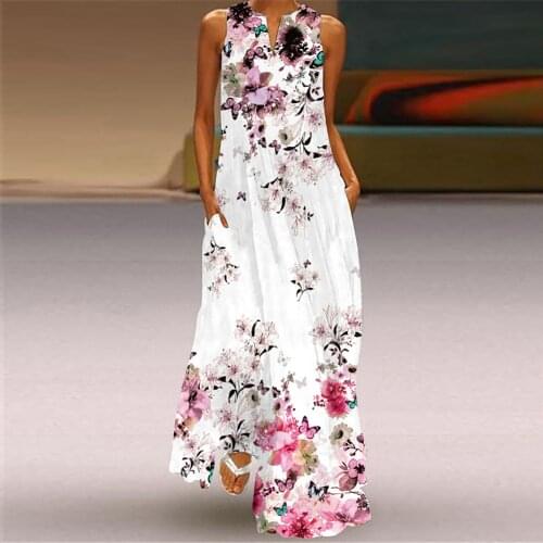 Summer Bohemian Sundress 2021 Women Elegant Long Dresses Casual Vintage Sleeveless O-Neck Floral Printed Vestido Female Robe