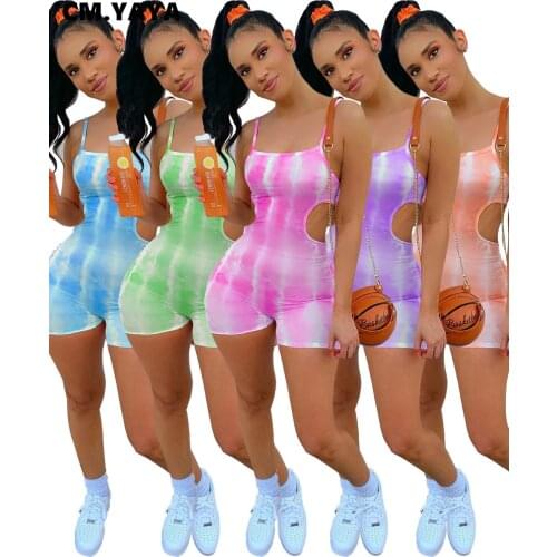 CM.YAYA 2021 Playsuit Bodycon Rompers Women Sleeveless Strap Tie-dye Print Jumpsuit Active Moto Biker Summer Waist Hole Outfit