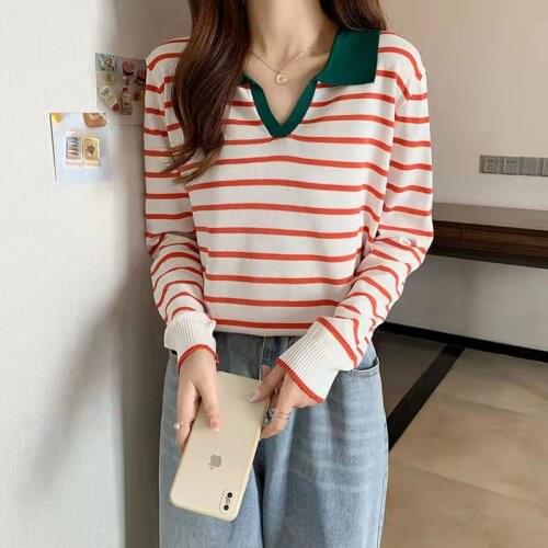 Womans Sweater T-shirt Student Stripe Long Sleeve Early Autumn Sweater 2021 Womens Loose Lapel Top Pullover Feminine Sweaters