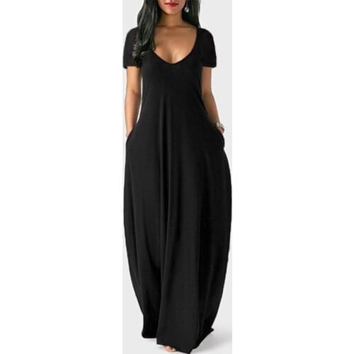 Plus Size Womens Summer Casual Solid Color Collarless Dress Womens Pocket Plus Size Short Sleeve High Waist Long Dress Loose
