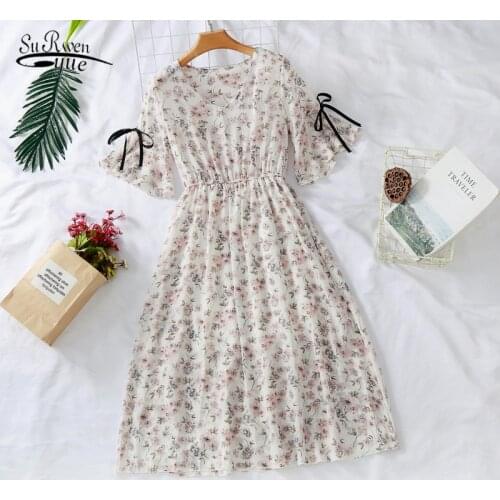 Korean Summer Chiffon Dress Women elegant V-Neck Print Dresses Ruffle Sleeeve Slim New Casual Drawstring Women Dress 10235