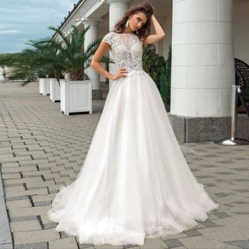 9593# Tulle Beach Wedding Dresses 2021 O-neck Cap Sleeve Lace Applique Sweep Train A line Bridal Gowns Vestido de Novia