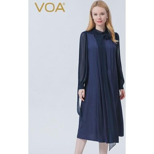 VOA Elegant Lady with Half High Collar Jacquard Silk Women Dress Long Sleeves H-line Loose Shirt Dresses Female Autumn AE1030