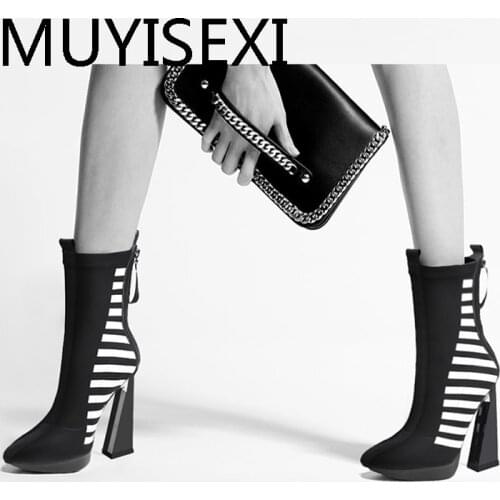 11.5cm super high strange heel platform pointed toe mixed colors zip party nightclub elegant dating stretch boots HL315 MUYISEXI