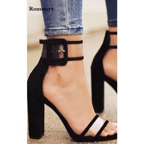 2017 Hot Selling Women Fashion Patchwork Ankle Strap Thick Heel Sandals Transparent Design Buckle Super High Heel Sandals