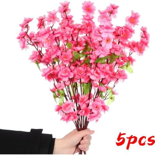 5Pcs Peach Artificial Cherry Spring Plum Peach Blossom Branch Fake Flower Real Touch For Wedding Party Decors