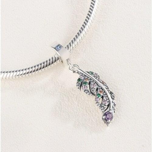925 Sterling Silver Colorful Zircon Pearl Wings Feather Pendant Charm Bracelet DIY Jewelry Making For Original Pandora