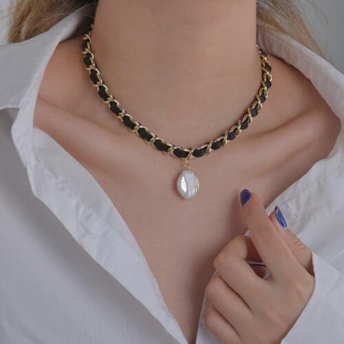 Acheerup Fashion Necklaces For Women Gold Pearl Pendant Trendy Black Leather Cord Choker Chain Best Jewelry Gift Freeshipping