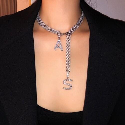 Luxurious Hip hop Letter A-S Cuba chain Unisex Men and Women Necklace Full Rhinestone Shining Fashion Charm Neck chain