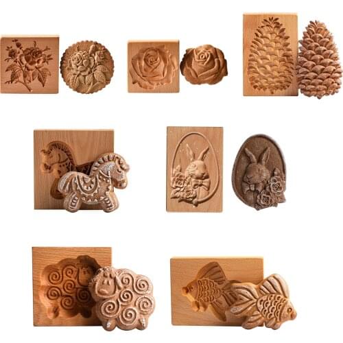 Wooden Cookie Cutter Embossing Molds Rose Pine Cone Shape Carved Handmade For DIY Biscuit Cake Fondant Decorating Baking Tools
