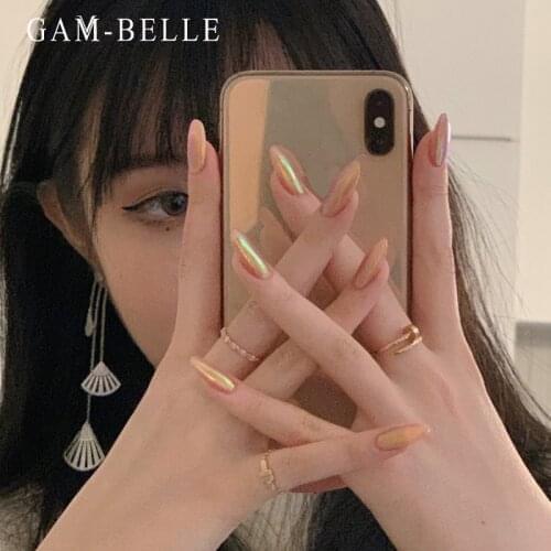 GAM-BELLE Holographic Mirror False Nails Full Cover Fake Press On Nails With Designs Long Ellipse Nail Art Tips Manicure Tools