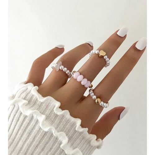 Sweet Crystal Stone Pearl Rings for Women Girl Fashion Heart Beads Chain Rings Set Party Wedding Jewelry Gifts