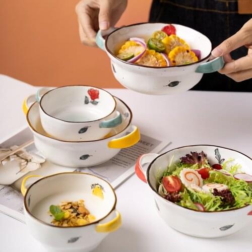 Creative Japanese double ear Bowl Ceramic lovely dessert Ramen salad breakfast baking Soup bowl household