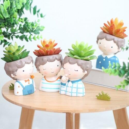Curly Boy Planter Vase - 4pcs European Style Succulent Plants Planter Pot Mini Bonsai Cactus Flower Pot Home Decorative Craft