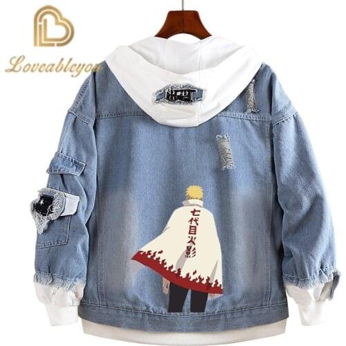 Anime Naruto Red Cloud Denim Ripped Jacket Mens and Womens Casual Loose Denim False Two Pieces Autumn Hooded Jackets