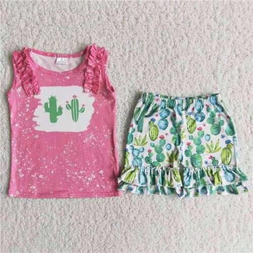Summer 2pcs Baby Girls Outfits Sleeveless Ruffled Shirt Cactus Pattern Hot Pink Green Kids Love