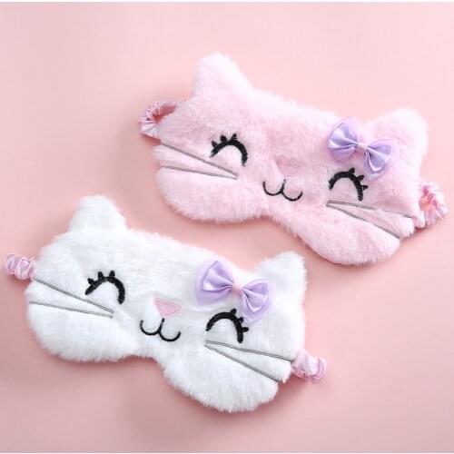 Cute Cat Soft Sleeping Eye Cover Mask Animal Plush Fabric Blindfold Relax Girls Lady For Home Traveling Eye Care