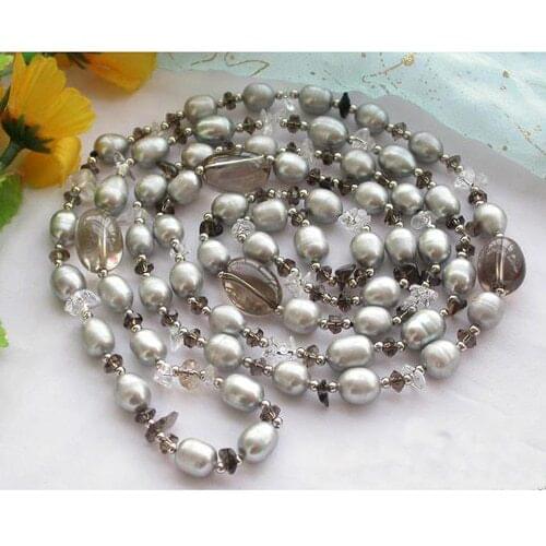 New Arriver Real Pearl Jewellery,48inches 4-16mm Gray Rice Freshwater Pearls Smoke Crystal Beads Necklace,Free Shipping
