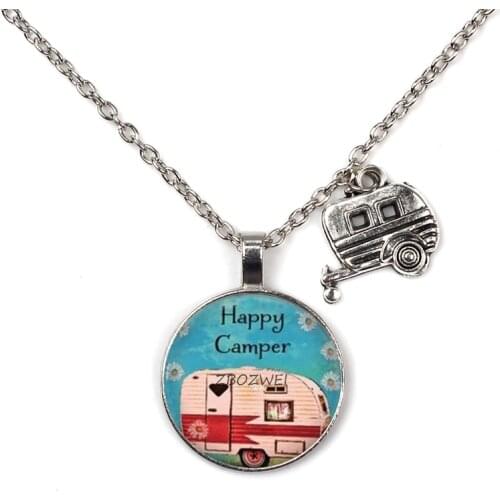 Happy Camper Cute Travel Car necklace Glass Mens Cabochon Jewelry Glamping Goddess Traveler Gift necklace Pendant I Camp