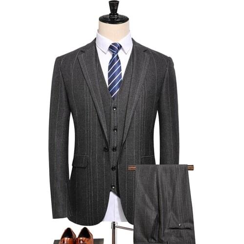 Jacket+Pants+Vest) New Luxury Men Business Casual Suit Fashion Slim Striped Wedding Dress Tooling Tuxedo Male Blazers Sets 4XL