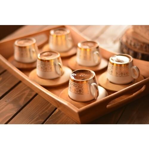 Bamboo Ottoman Gold Patterned 12 Piece/6-Person Bamboo Turkish Coffee Cup Set Great Quality Made in Turkey Gift Idea