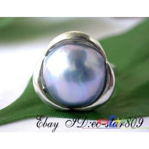S108 real 20mm blue Southsea Mabe Pearl Ring crescent 925silver