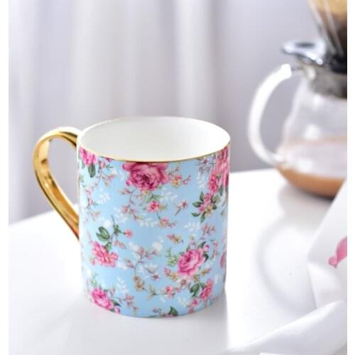 Vintage Bone China 12oz Coffee Mugs, Pastoral Rose Tea Cups, Milk Cup Gift For Women Mom Friends, Home And Office Drinkware Blue