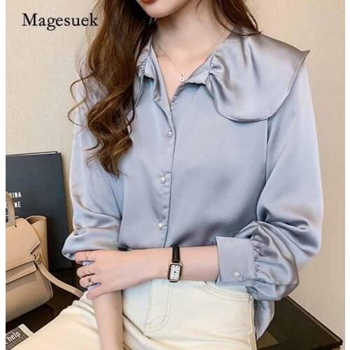 2020 Autumn New Long Sleeve Womens Blouses Solid Loose Cardigan Sweet Vintage Tops Ruffled Silk Shirts Blusas Mujer 10690