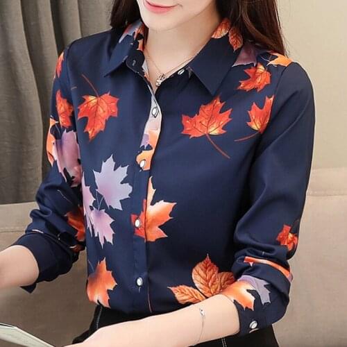Blouse Women 2021 Blusas Mujer Turn Down Collar Office Blouse Long Sleeve Print Chiffon Blouse Shirt Women Blouses Shirts D444