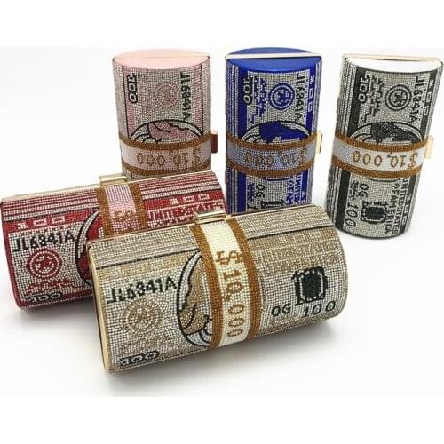 Women Dollar Evening Bags Shiny Rhinestone Clutch Money Purses Fashion Shoulder Handbag Wedding Party Dinner Tote