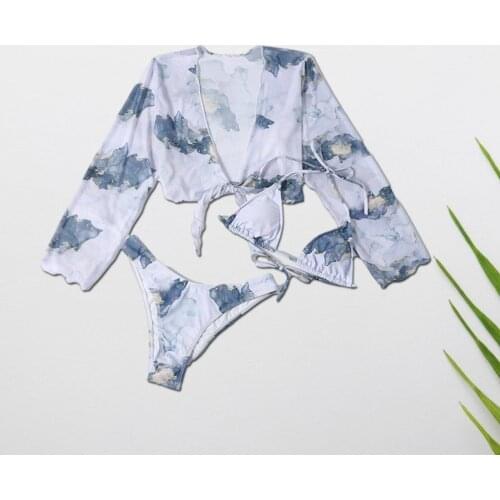 Women Split Bikini Ink Smudge Printing Mesh Sweet Three-piece Swimsuit 2021 New Split Sexy And Comfortable Swimsuit Mesh Bikini