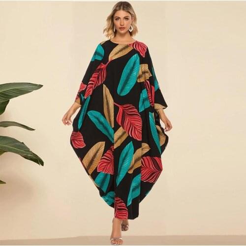 2020 Fashion Leaf Printed Dress Womens Sundress Half Batwing Sleeve Loose Female Casual Robe Oversized Bohemian Beach Dresses