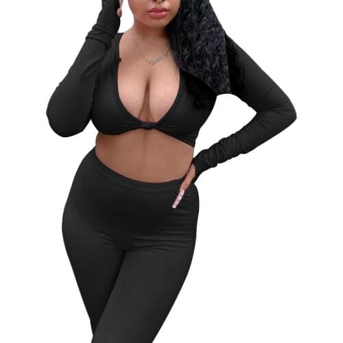 BAMBOOBOY Women Sexy Twist Long Sleeve Crop Top Skinny Pants Gym Sports Running Two Piece Set ZL1678