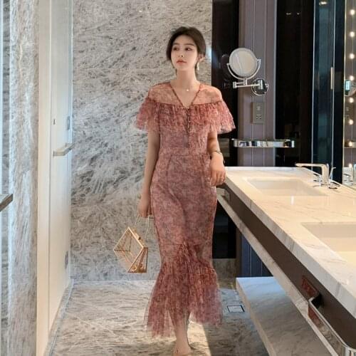 Fashion women new arrival comfortable sexy formal trumpet dress vintage party elegant chiffon print high quality mermaid dress
