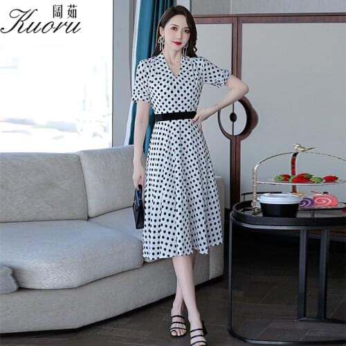 Dresses For Women 2021 Summer Vintage Dress Sukienka Midi Dots V Neck Short Sleeve Robe Femme Chic Clothes Tunics Vestidos