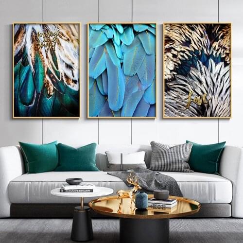 Blue Gold Abstract Painting Feather Art Canvas Poster and Prints Modern Fashion Pictures for Living Room Bedroom Home Decor
