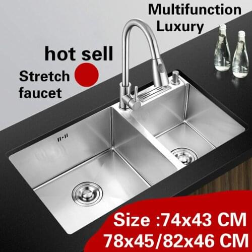 Free shipping Apartment kitchen manual sink double groove stretch faucet do the dishes 304 stainless steel hot sell 82x46 CM
