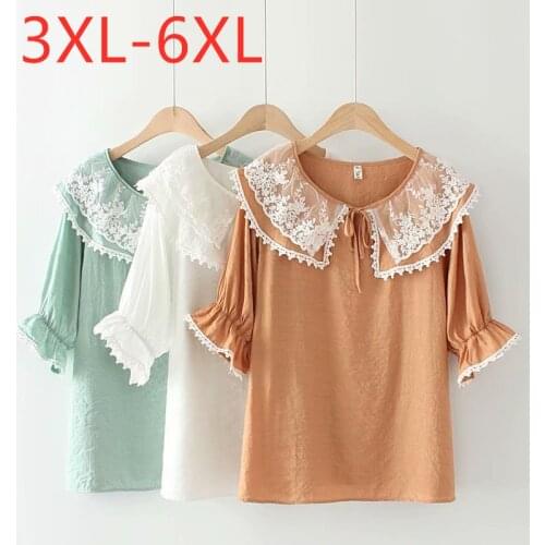 New 2021 summer plus size tops for women large blouse short sleeve casual loose lace bow neck shirt green orange 3XL 4XL 5XL 6XL