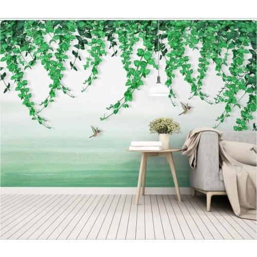 XUE SU Large custom mural wallpaper simple and fresh green leaves flowers and vines bird TV background wall high-end materials