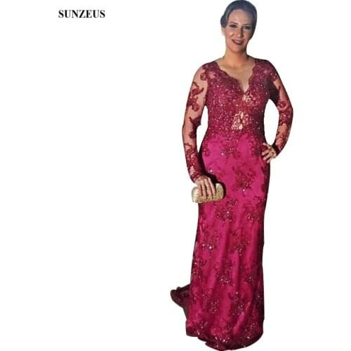 Appliques Long Sleeves Mother Of The Bride Dresses Full Lace Wedding Party Dress With Sequins Beads Wine Red Long Mother Gowns